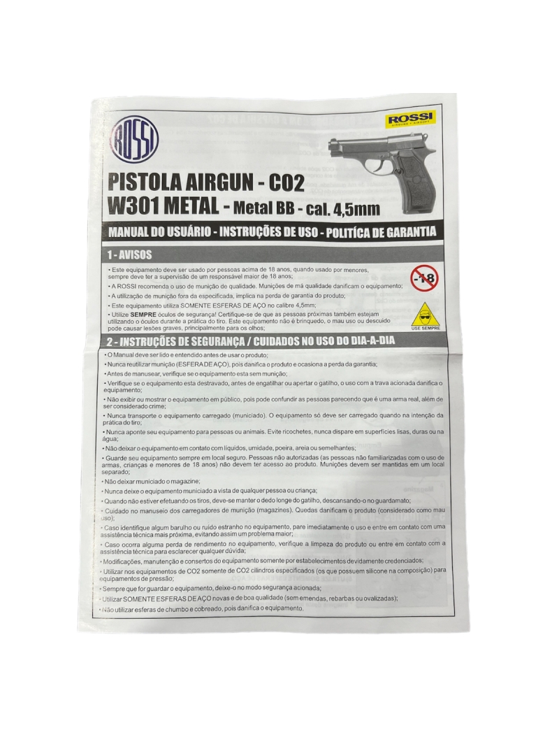 Pistola De Pressão Airgun 4,5mm Wigun W301 CO2 Gás